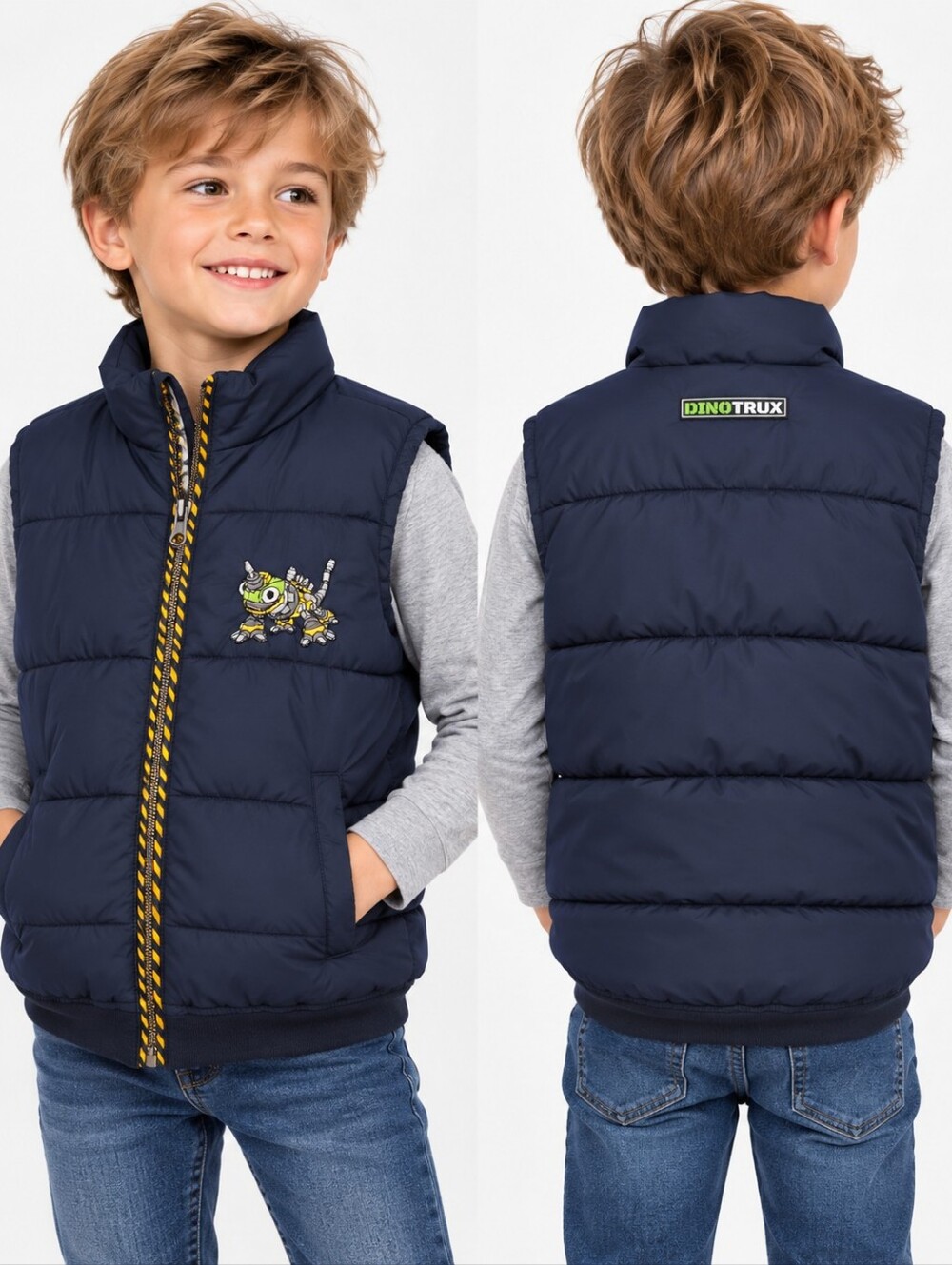 Gymboree Dinotrux Boys Puffer Vest 7/8 Navy Dinosaur Robot Embroidered